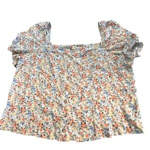 Floral Square-Neck Puff Sleeve Top - Cream with Orange & Blue Size 16